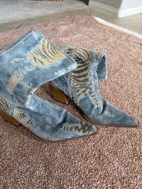 Denim Western Ankle Boots in Blue and Tan